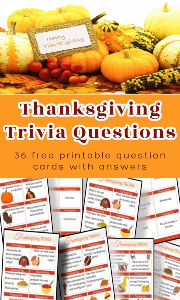 top image - pumpkins and yellow gourds with happy thanksgiving sign, bottom image 8 Thanksgiving Trivia question card sheets0