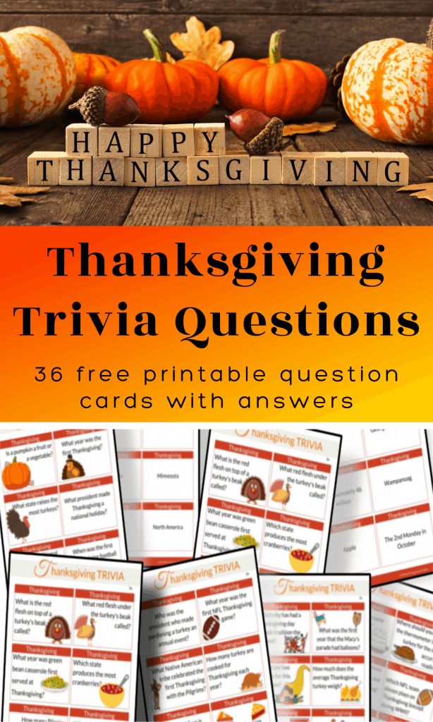 top image - several pumpkins and colorful leaves with happy thanksgiving sign, bottom image 8 Thanksgiving Trivia question card sheets