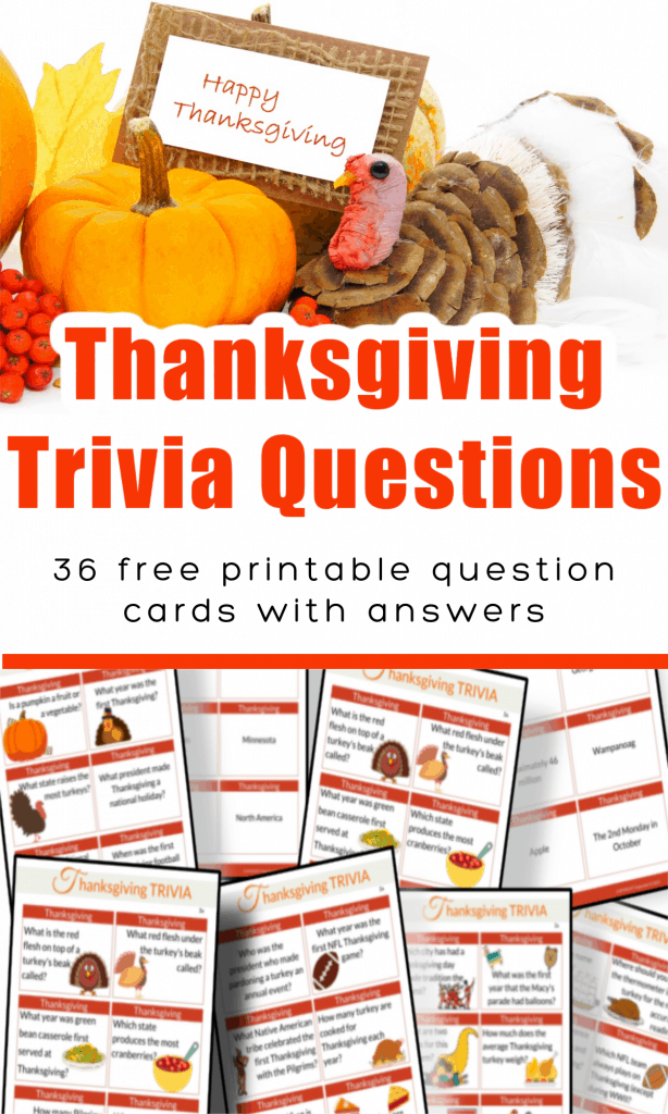 top image - pumpkin and turkey with happy thanksgiving sign, bottom image 8 Thanksgiving Trivia question card sheets