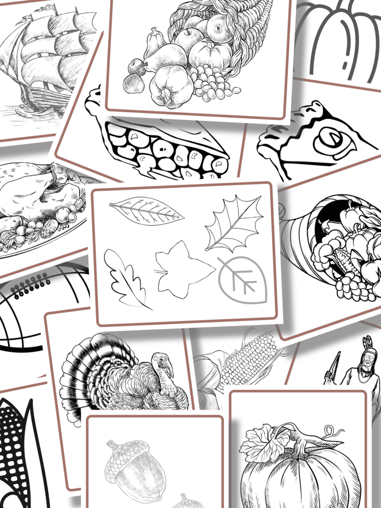 multiple black and white coloring sheets for Thanksgiving