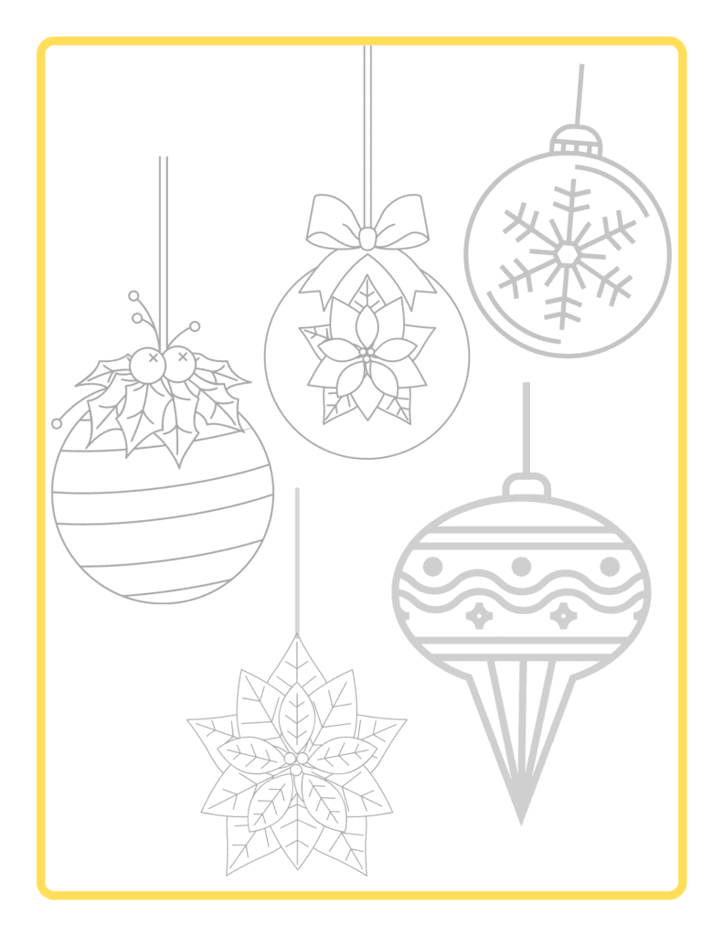 One sheet of Christmas ornament coloring pages with 5 different ornament designs