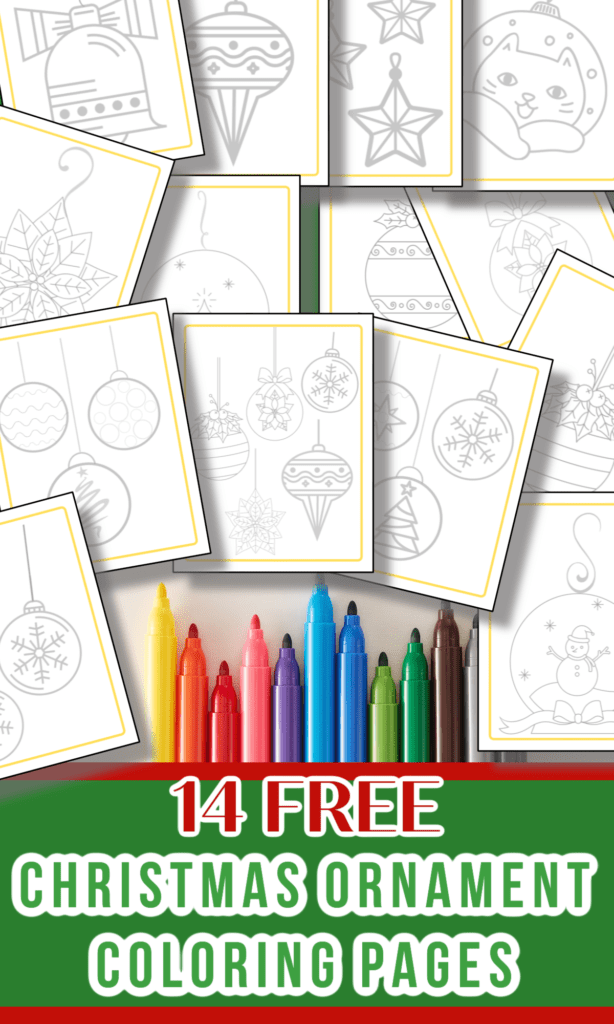14 sheets of ornament coloring pages with row of colorful crayons