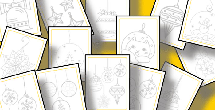 14 different coloring sheets with Christmas ornament images on yellow background