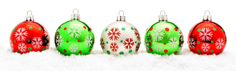 row of 5 red and green glass ball ornaments