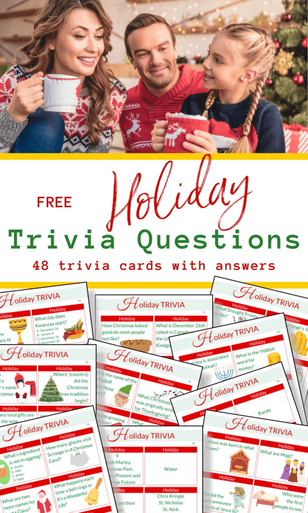 top image - woman, man and child holding coffee mugs, bottom image - pages of printable holiday trivia questions and answerscards