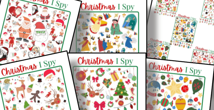 close up of 5 Christmas I Spy sheets with 1 answer key sheet.