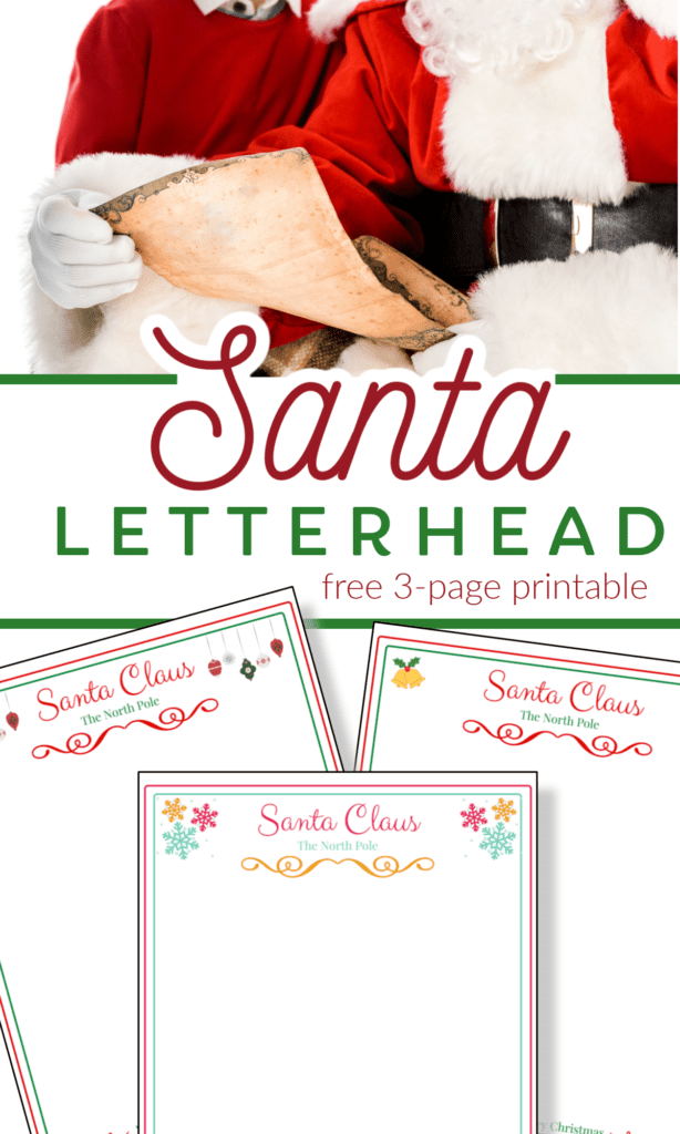 Santa Claus's hand holding letter and image of 3 pages of printable Santa letterhead stationery.