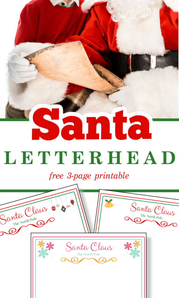 Top images - Close up of Santa Clause's hand holding letter, bottom images 3 pages of printable Santa stationery with text overlay