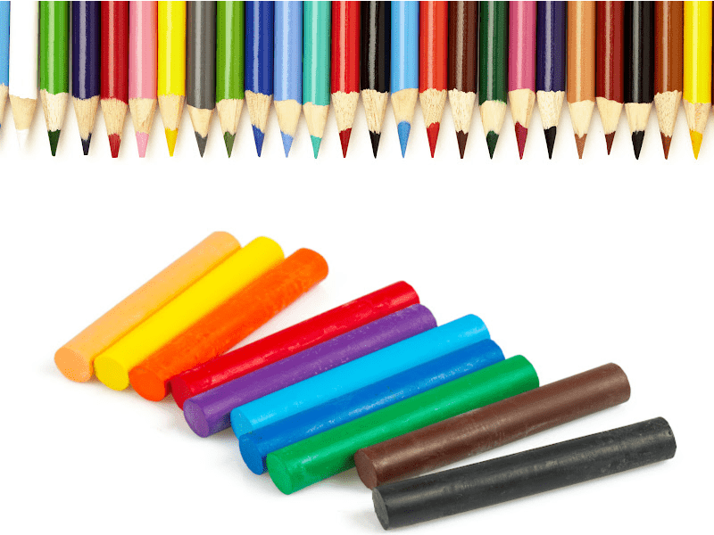 line of colored pencils at top of image and row of colorful crayons fanned out at bottom