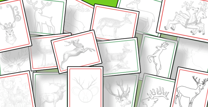 18 different reindeer coloring pages on green background