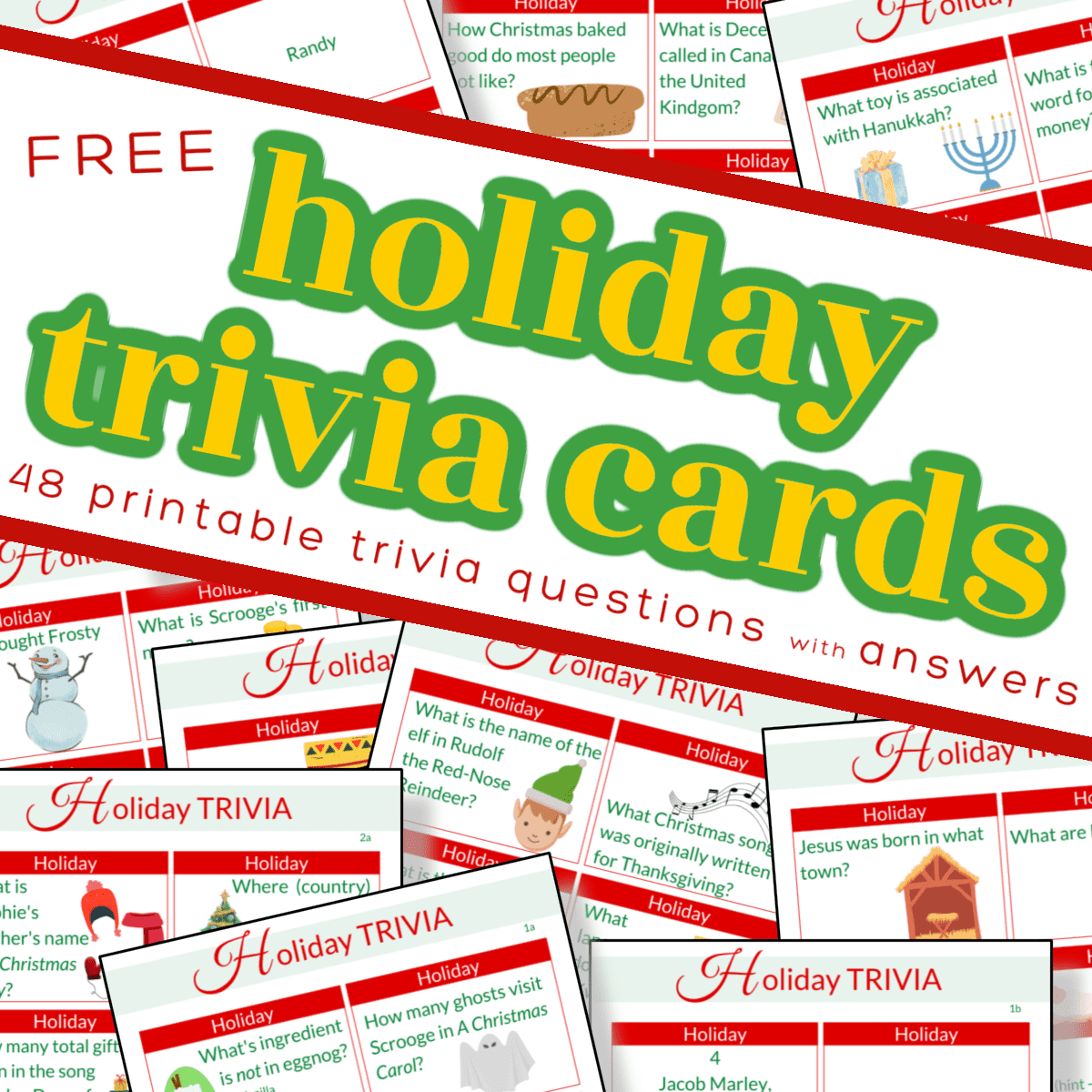 scattered pages of printable holiday trivia cards with text overlay saying "holiday trivia cards".