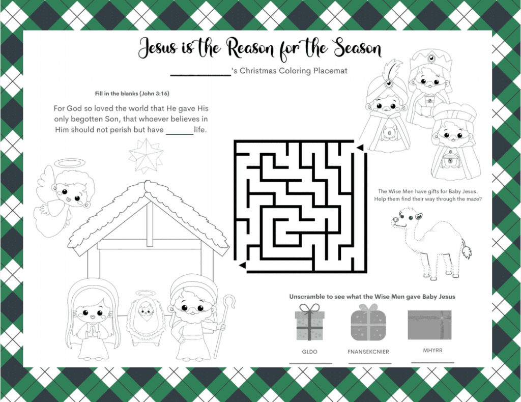 black and white Christmas themed activity sheet with green plaid border