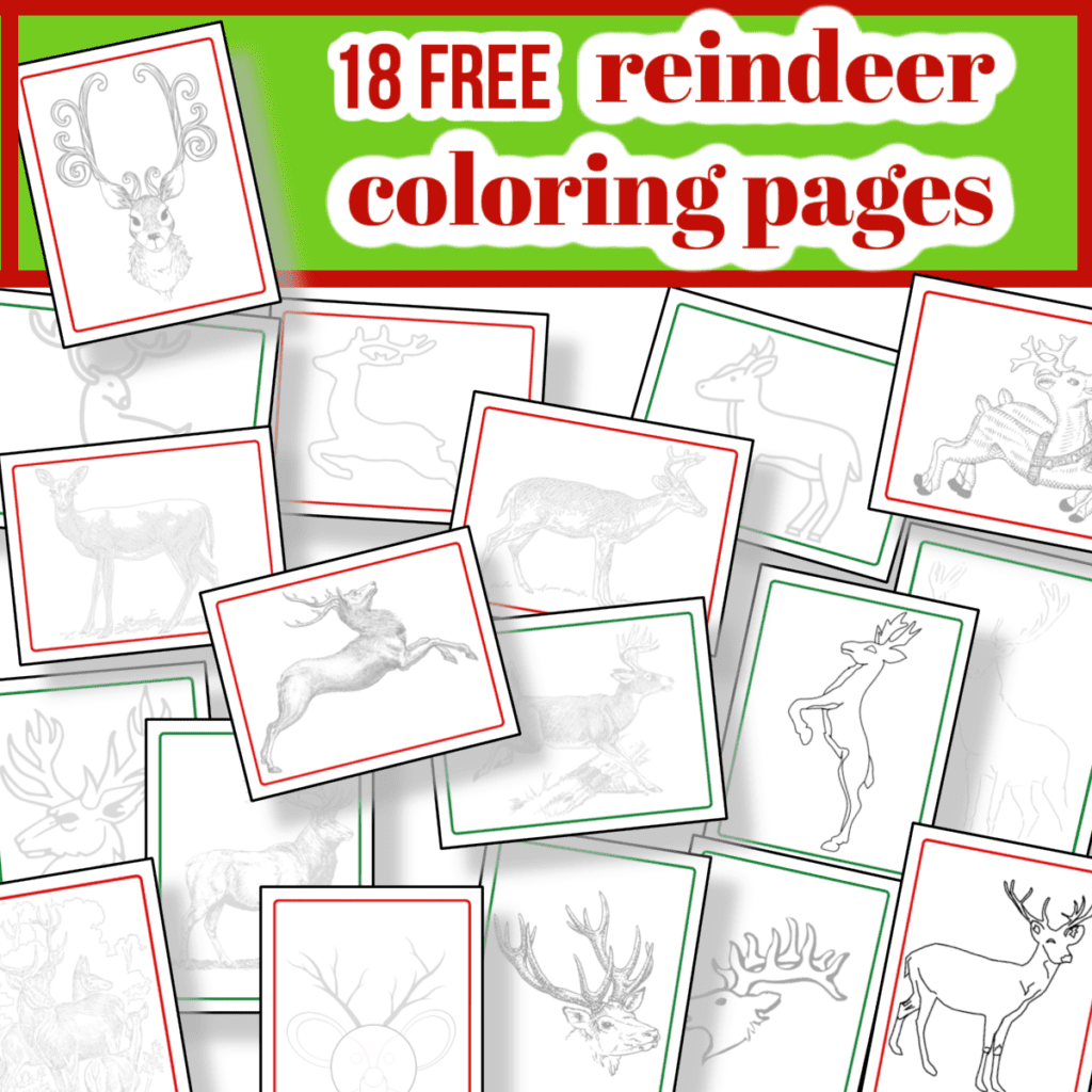 18 reindeer coloring pages scattered on green background with text overlay reading 18 Free reindeer coloring pages