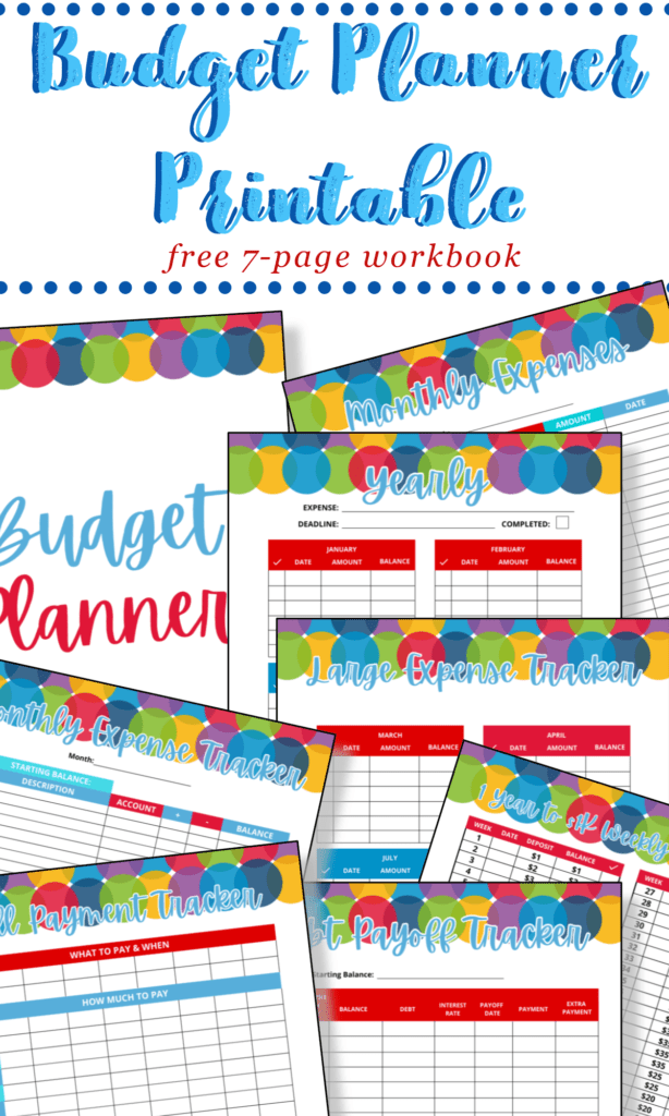 several rainbow colored budgeting sheets with text overlay saying "budget planner printable"