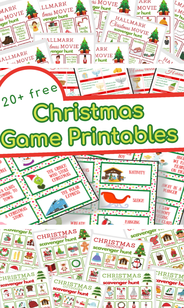 multiple colorful Christmas game printable cards and boards with text overlay saying' Christmas game printables"