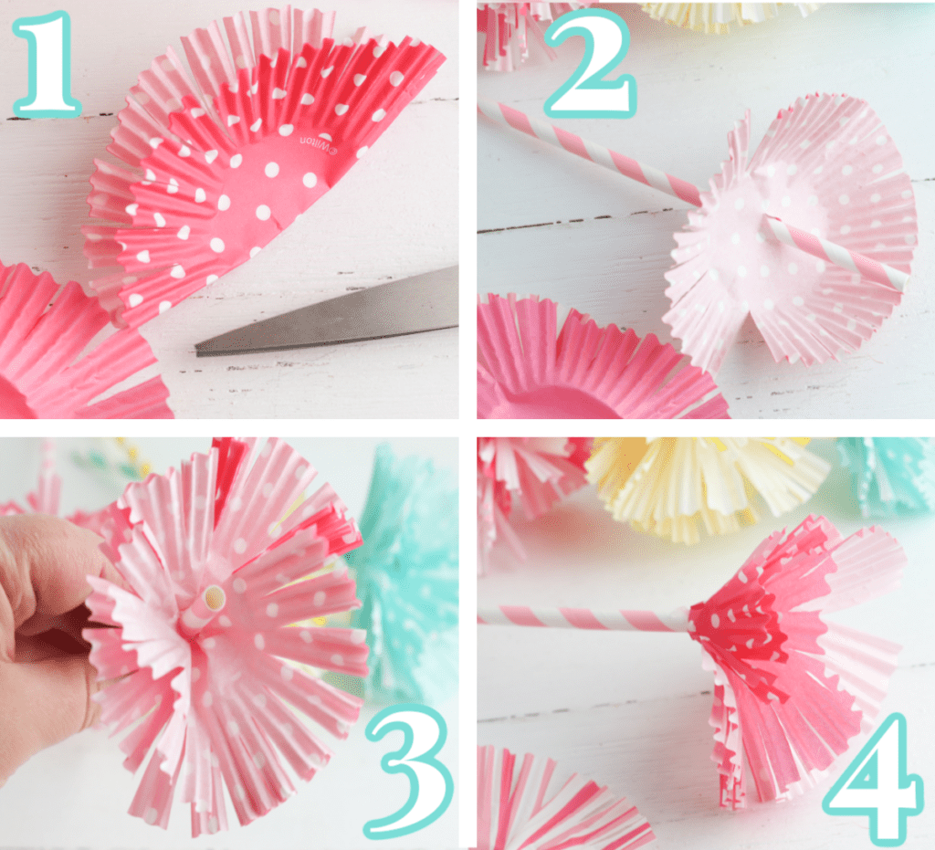 collage of 4 steps of tutorial to make paper cupcake paper flower craft in pink