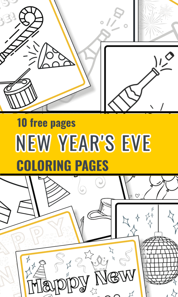 scattered coloring pages of images of bottle of champagne, hats, disco ball and other New Year's eve images