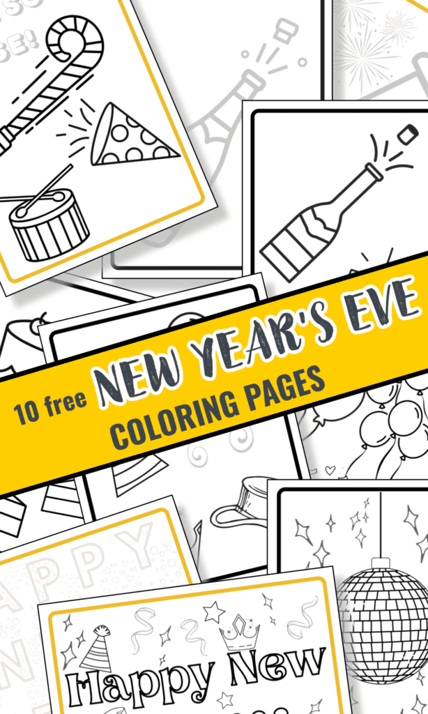 scattered coloring pages of images of bottle of champagne, hats, disco ball and other New Year's eve images