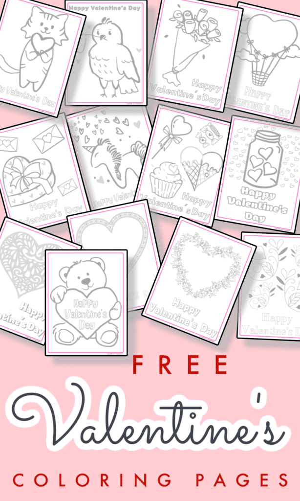 coloring page images with Valentine's Day theme on pink background