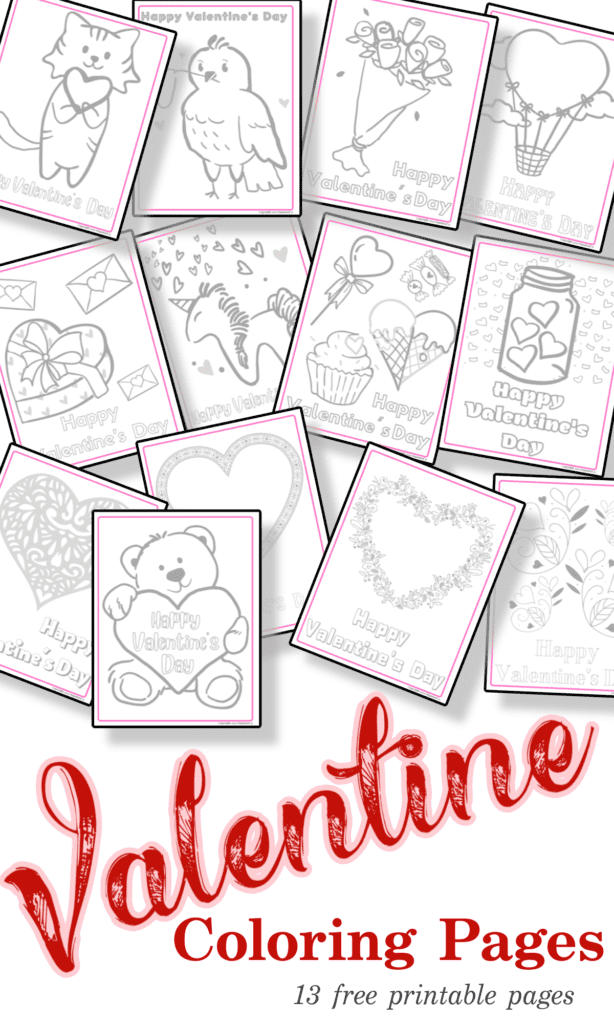 13 coloring page images with Valentine's Day theme with title text reading Valentine Coloring Pages