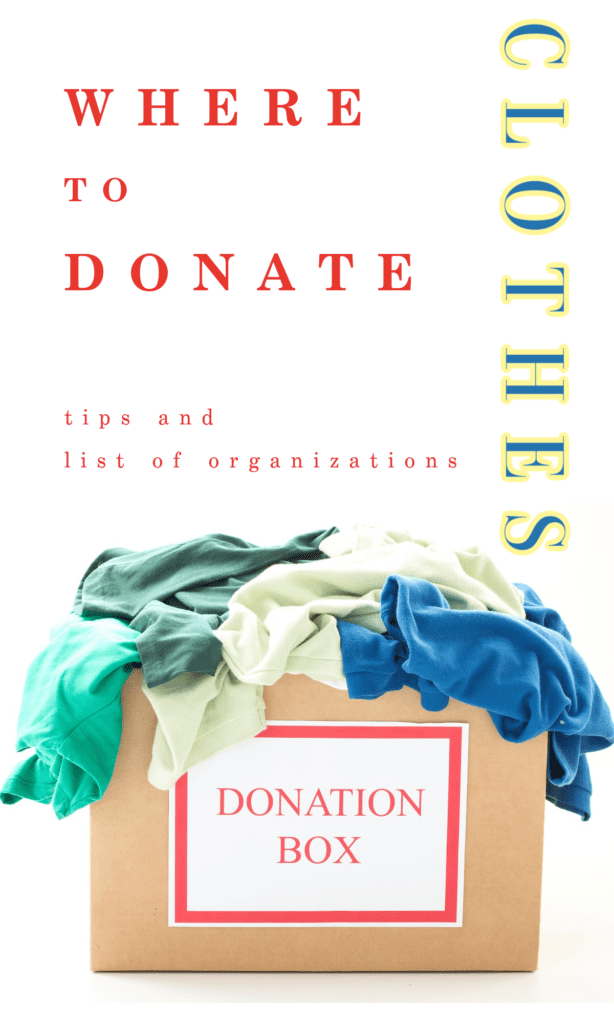 brown box with pile of clothes and red "donate" sign on front