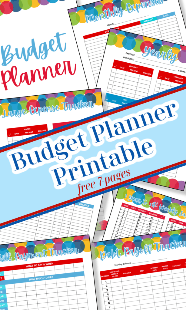 several rainbow colored budgeting sheets with text overlay saying "budget planner printable"