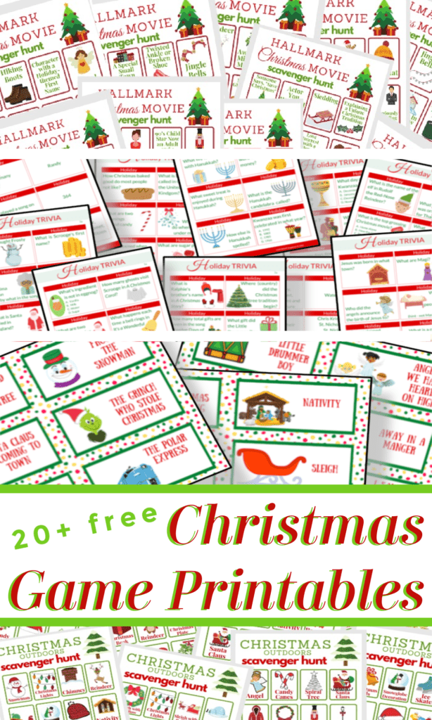 multiple colorful Christmas game printable cards and boards with text overlay saying' Christmas game printables"