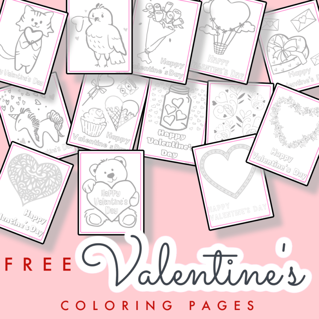 multiple coloring page images with Valentine's Day theme