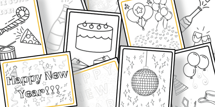 close up of scattered coloring pages of images of bottle of champagne, hats, disco ball and other New Year's eve images