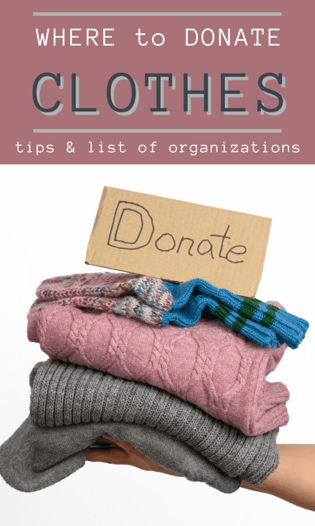 stack of folded clothes with brown "donate" sign
