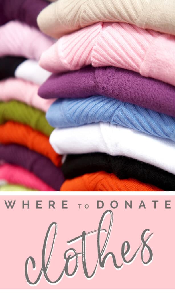 stacks of colorful folded sweaters with title text reading Where to Donate Clothes