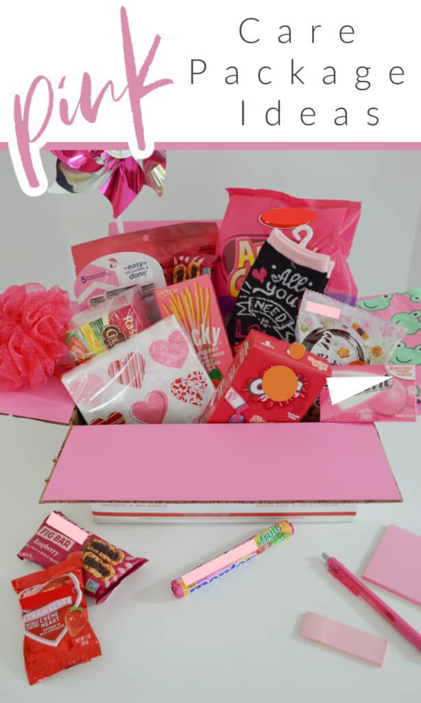 pink box filled with pink themed gift items with title text reading Pink Care Package Ideas