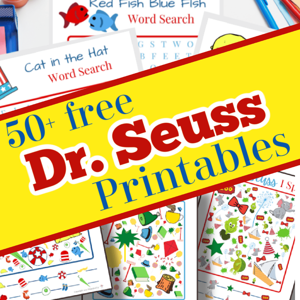 close up of colorful Dr. Seuss printable sheets with yellow overlay