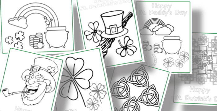 close up of 7 free coloring pages with Saint Patrick's Day themes