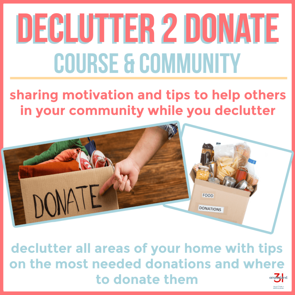2 images of brown boxes filled with items and labeled as "donate" with title text reading Declutter 2 Donate Course & Community