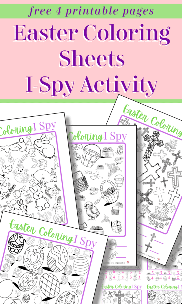 3 coloring I Spy pages for Easter plus answer sheet with pink banner and text overlay