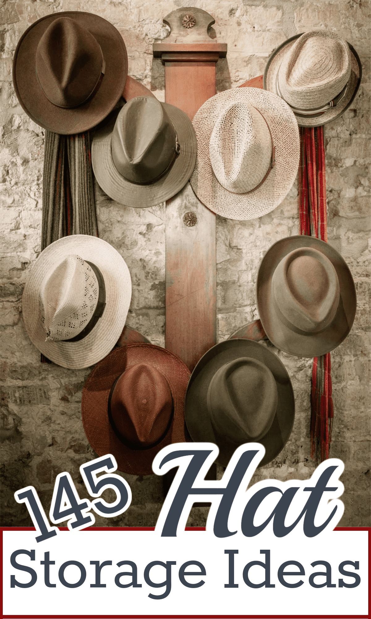multiple hats in cream and tan handing on wood rack on brick wall