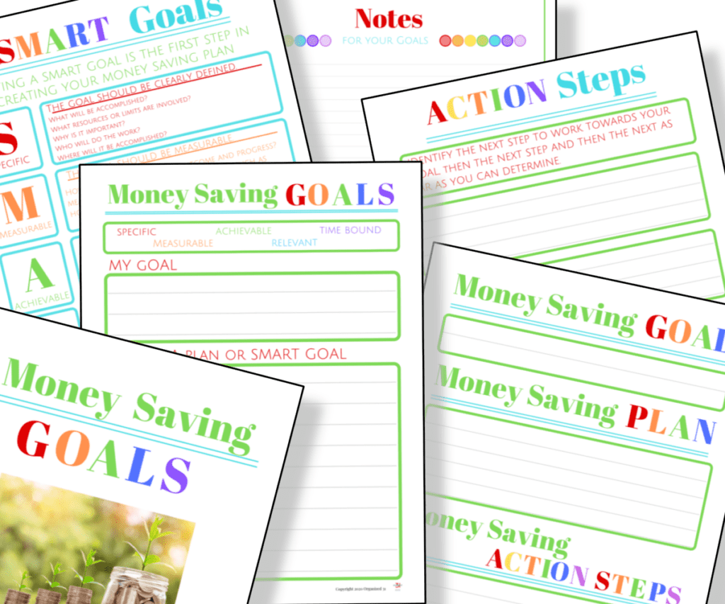 images of 6 colorful savings worksheet pages.