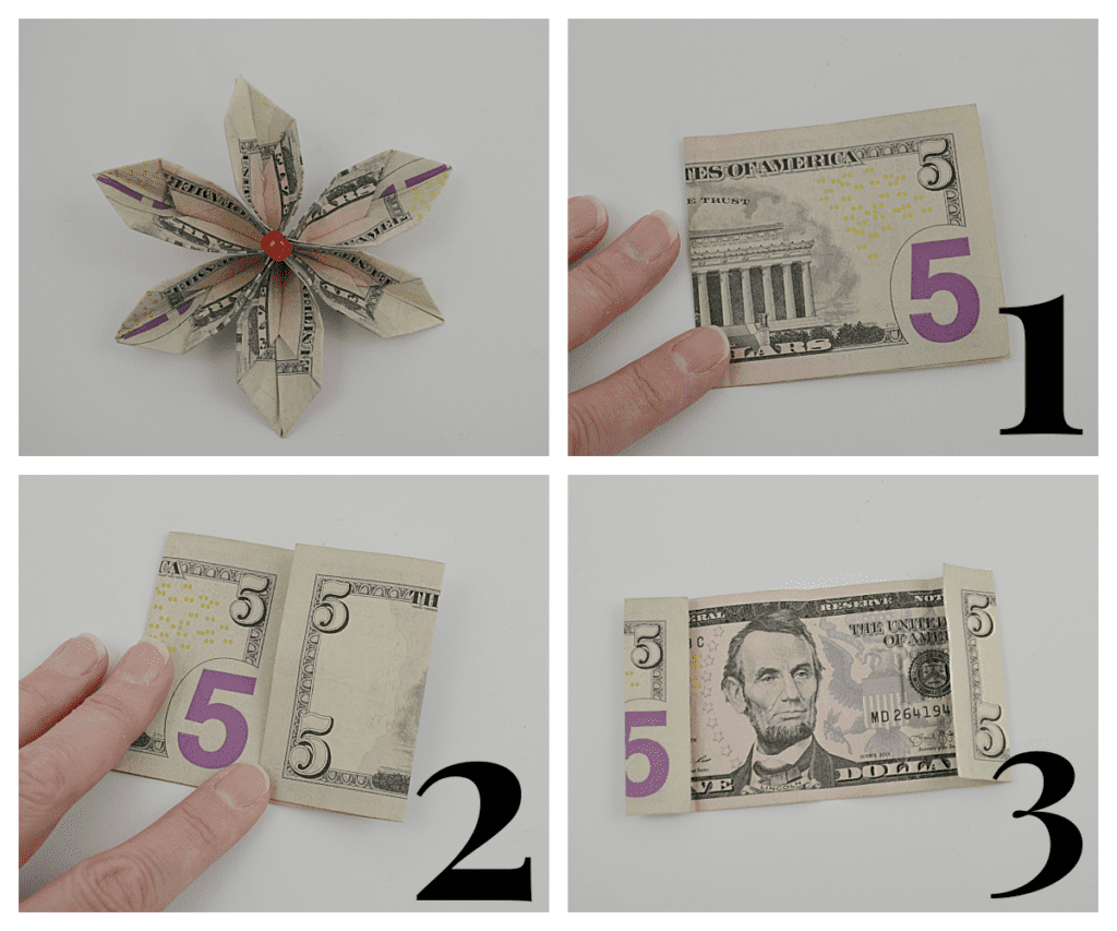 4 images of first steps of making folded money flower