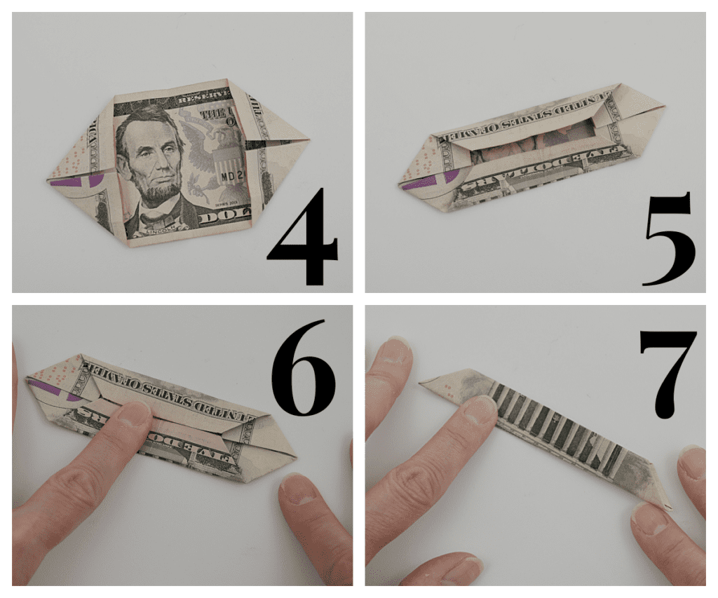 4 images of steps 4 through 7 to make a folded money flower
