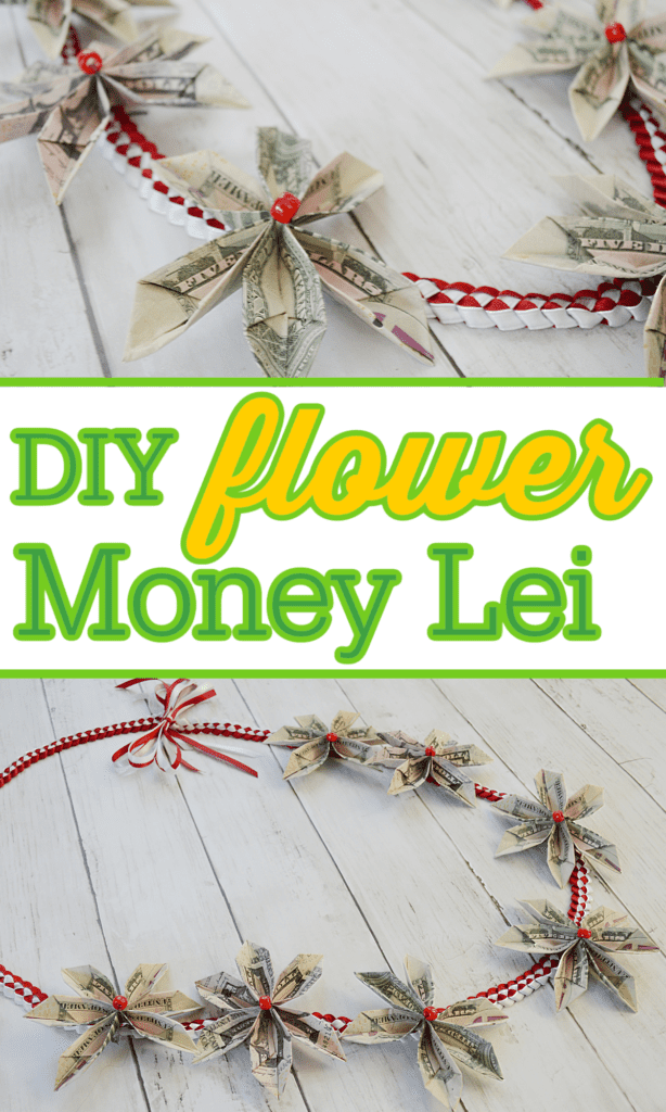 2 images of red and white ribbon lei with money flowers with title text reading DIY flower Money Lei