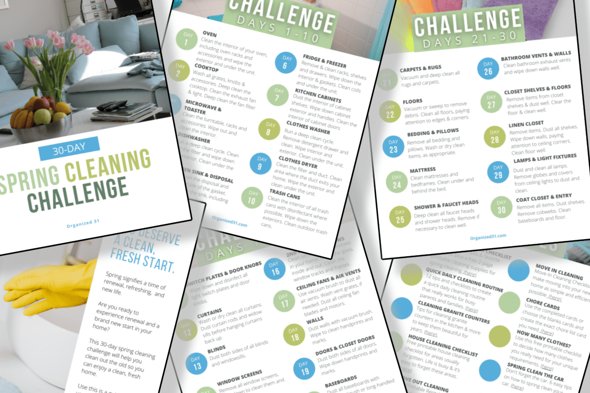 6 blue and green colored checklist pages scattered
