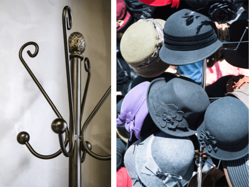 left image empty coat rack, right image many hats on hat rack.