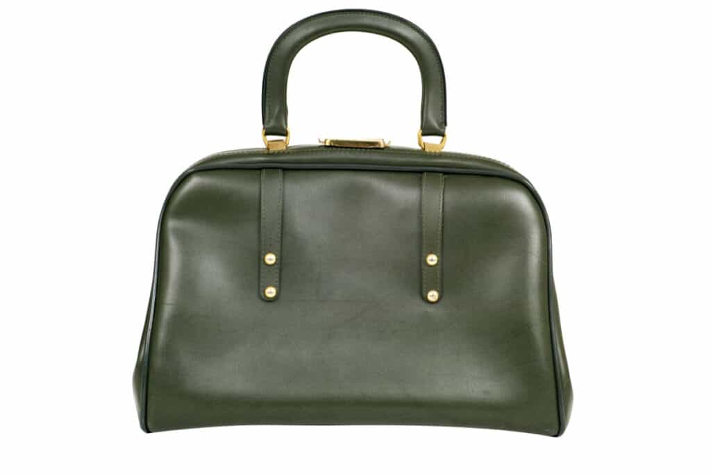 green leather satchel handbag.