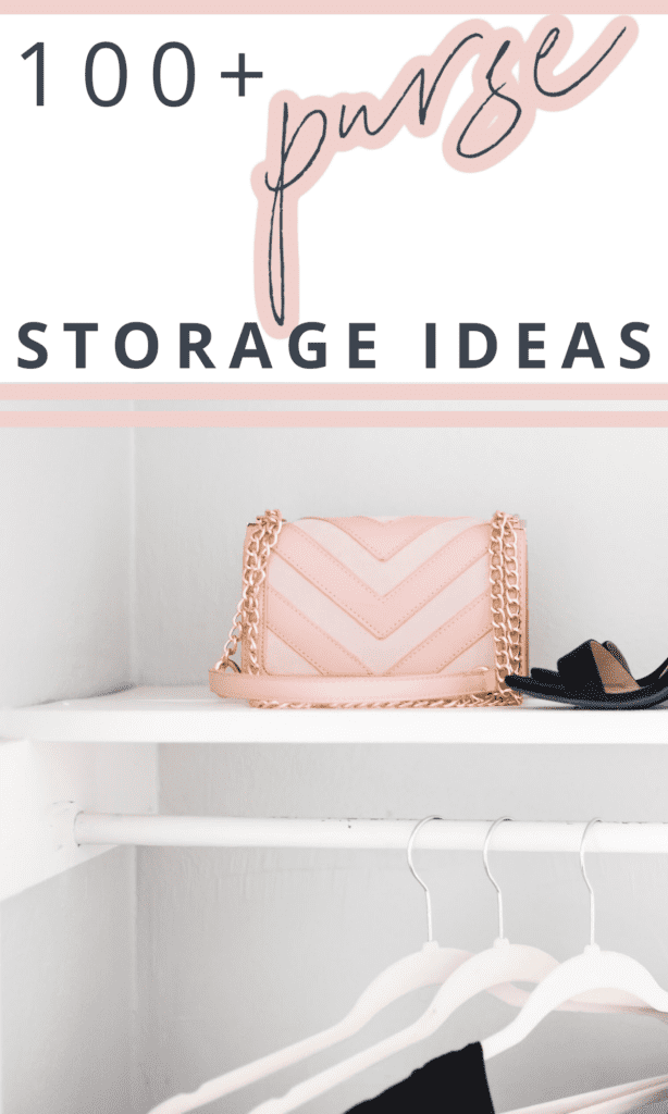 pink and white stripe purse on closet shelf