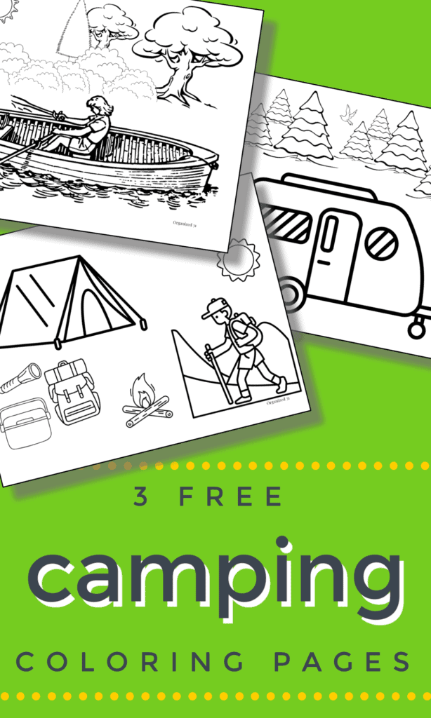 3 camping themed coloring pages on green background