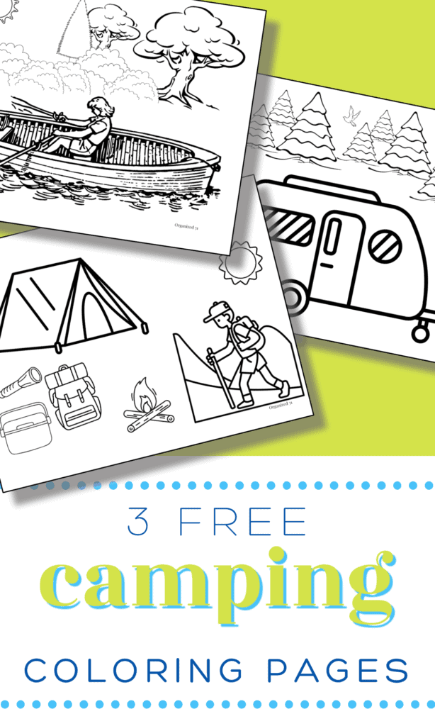 3 camping themed coloring pages on light green background with text title in blue and green reading 3 Free camping coloring pages