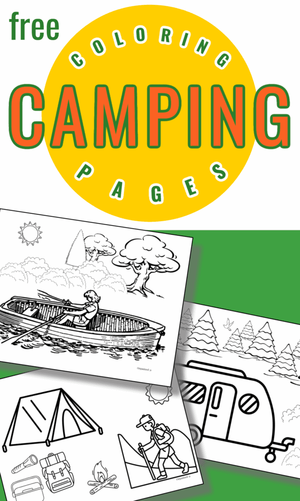 close up of 3 camping themed coloring pages on dark green background and title on yellow circle
