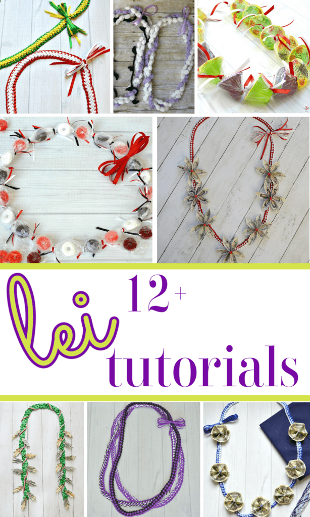 collage of 8 colorful handmade leis in different styles