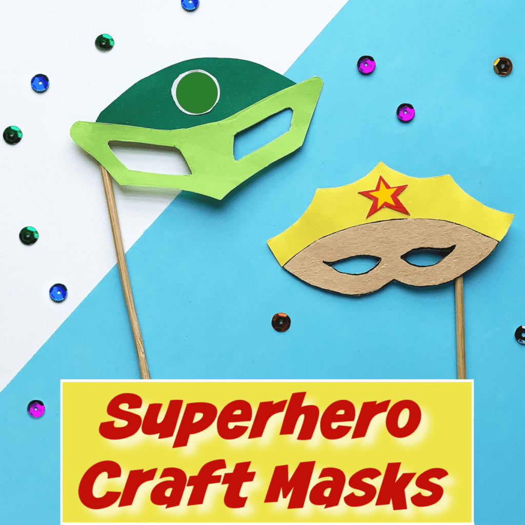 green superhero mask and yellow crown mask on sticks